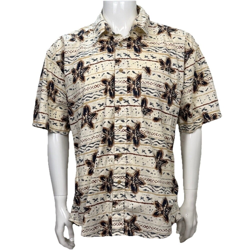 Vintage‎ Hawaiian Shirt Crossings Large Tropical Floral Camp Beige 100% Cotton